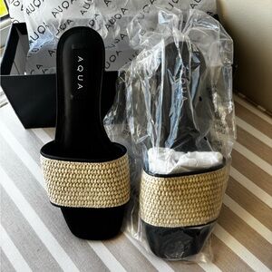 Aqua Black & Natural Woven Slide Mules
